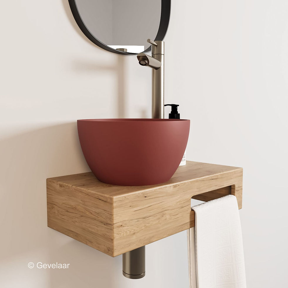 Thumbnail: Arcqua Olivia fonteinset eikenhout waskom mat terracotta links rechte kraan rvs
