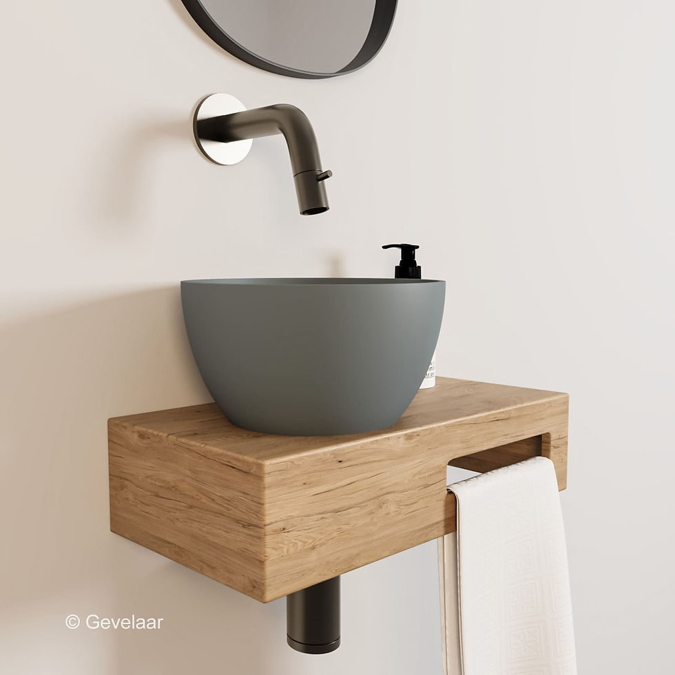 Thumbnail: Arcqua Olivia fonteinset eikenhout waskom mat grijs links inbouwkraan gunmetal
