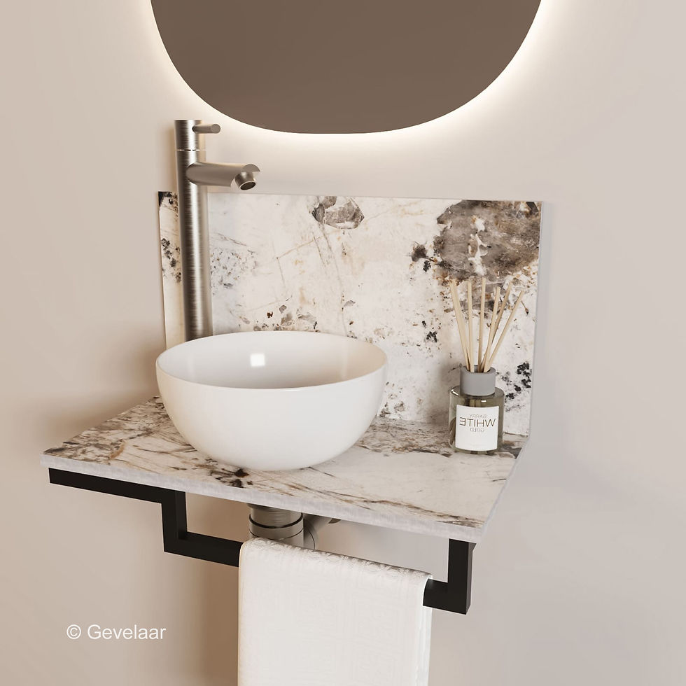 Thumbnail: Tanaro Marqstone fonteinset island glossy wand kraan RVS kom wit houder R
