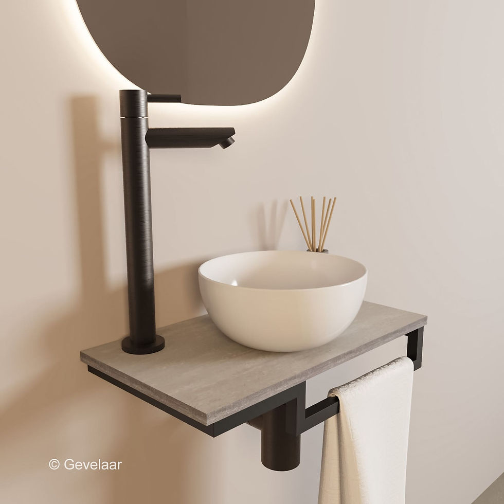 Thumbnail: Tanaro Marqstone fonteinset travertin mat kraan gunmetal kom wit houder R