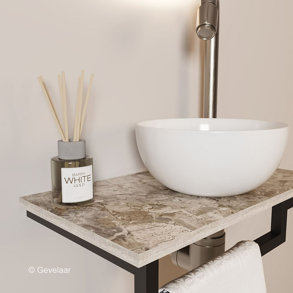 Thumbnail: Tanaro Marqstone fonteinset earth glossy kraan bo RVS kom 20cm wit houder L