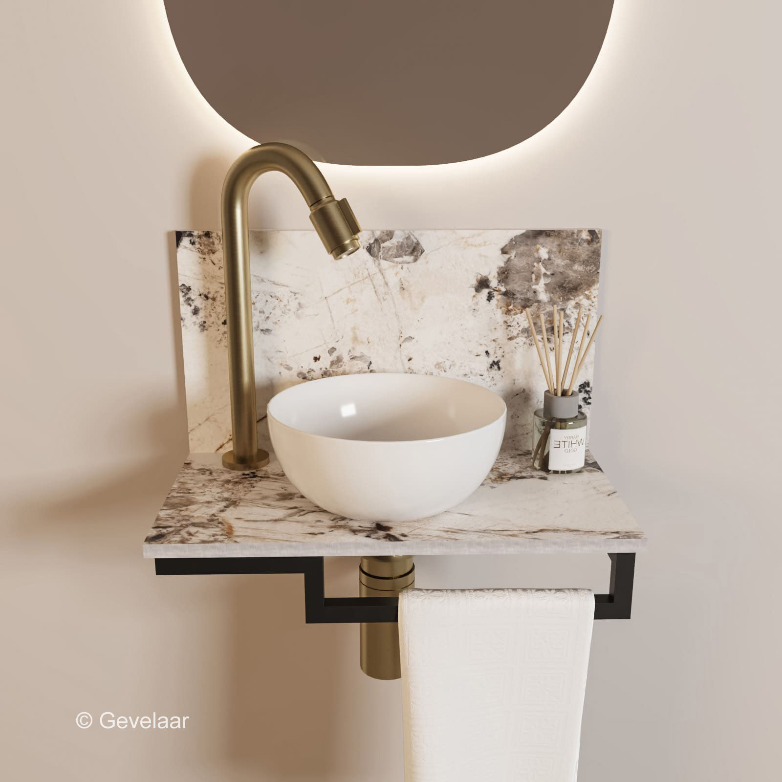 Tanaro Marqstone fonteinset island gl. wand kraan bo geb goud kom wit houder R
