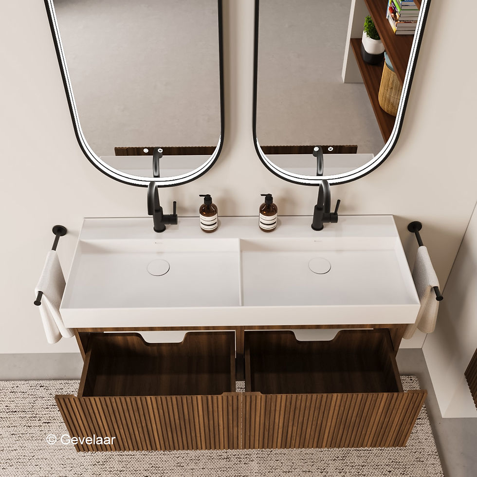 Thumbnail: Stravero ribbel noten badmeubel 120cm 2 laden - wastafel glans wit - 2 kraangat
