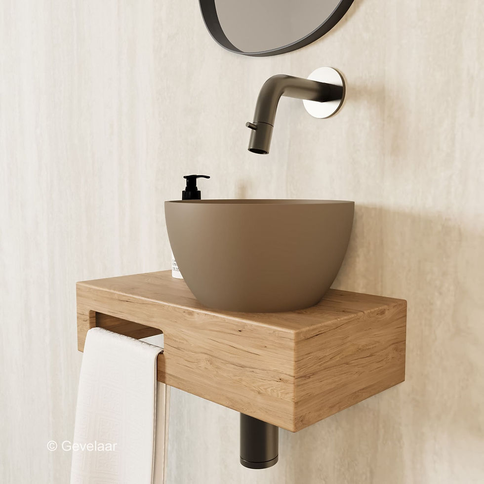 Thumbnail: Arcqua Olivia fonteinset eikenhout waskom truffel rechts inbouwkraan gunmetal