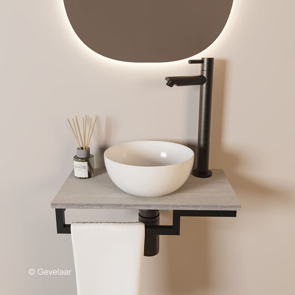 Thumbnail: Tanaro Marqstone fonteinset travertin mat kraan gunmetal kom wit houder L