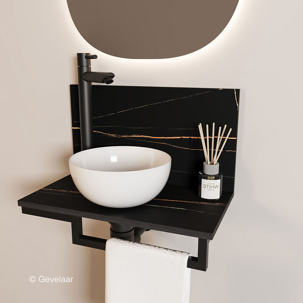 Thumbnail: Tanaro Marqstone fonteinset zwart wand kraan mat zwart kom 20cm wit houder R
