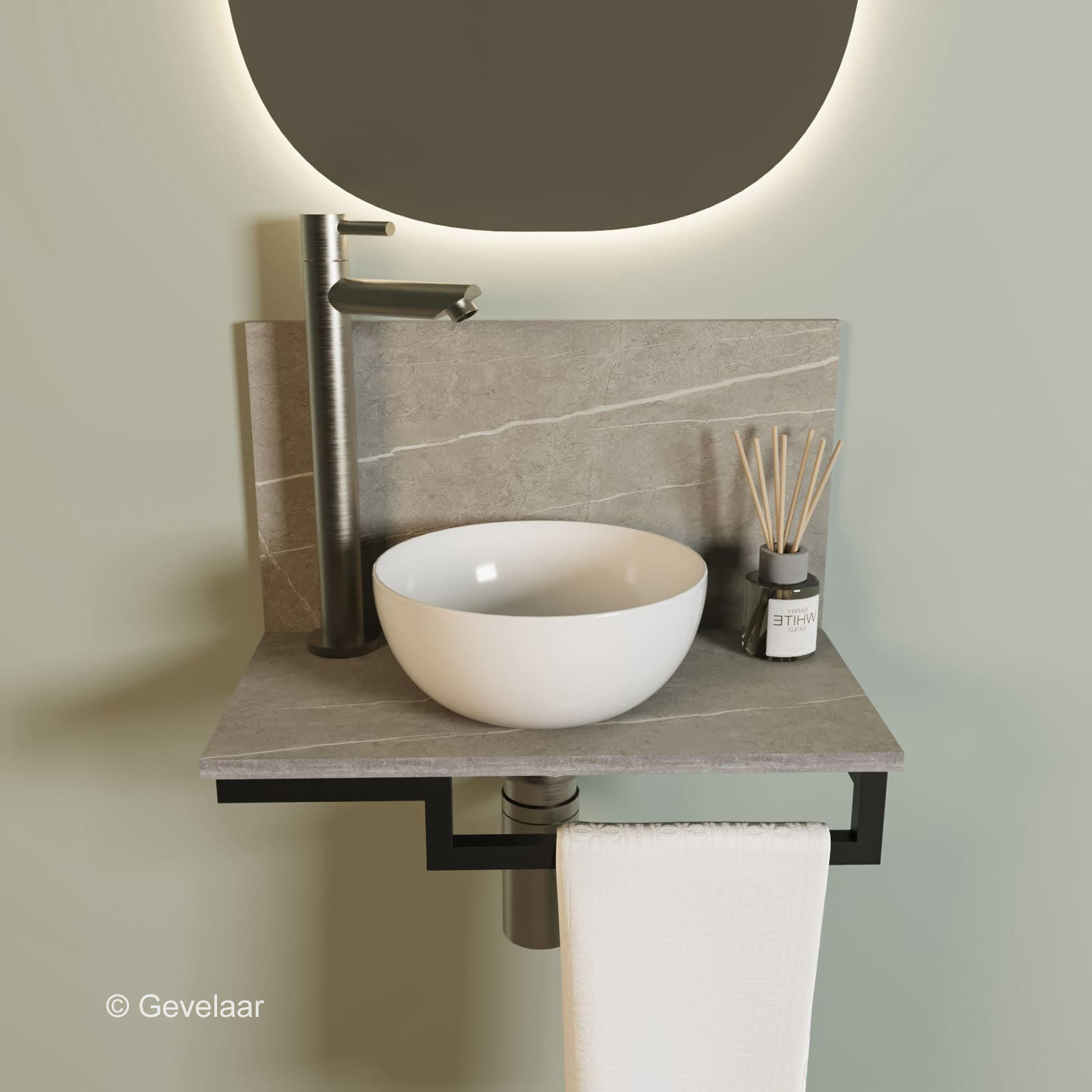 Tanaro Marqstone fonteinset marmer grijs wand kraan RVS kom 20cm wit houder R