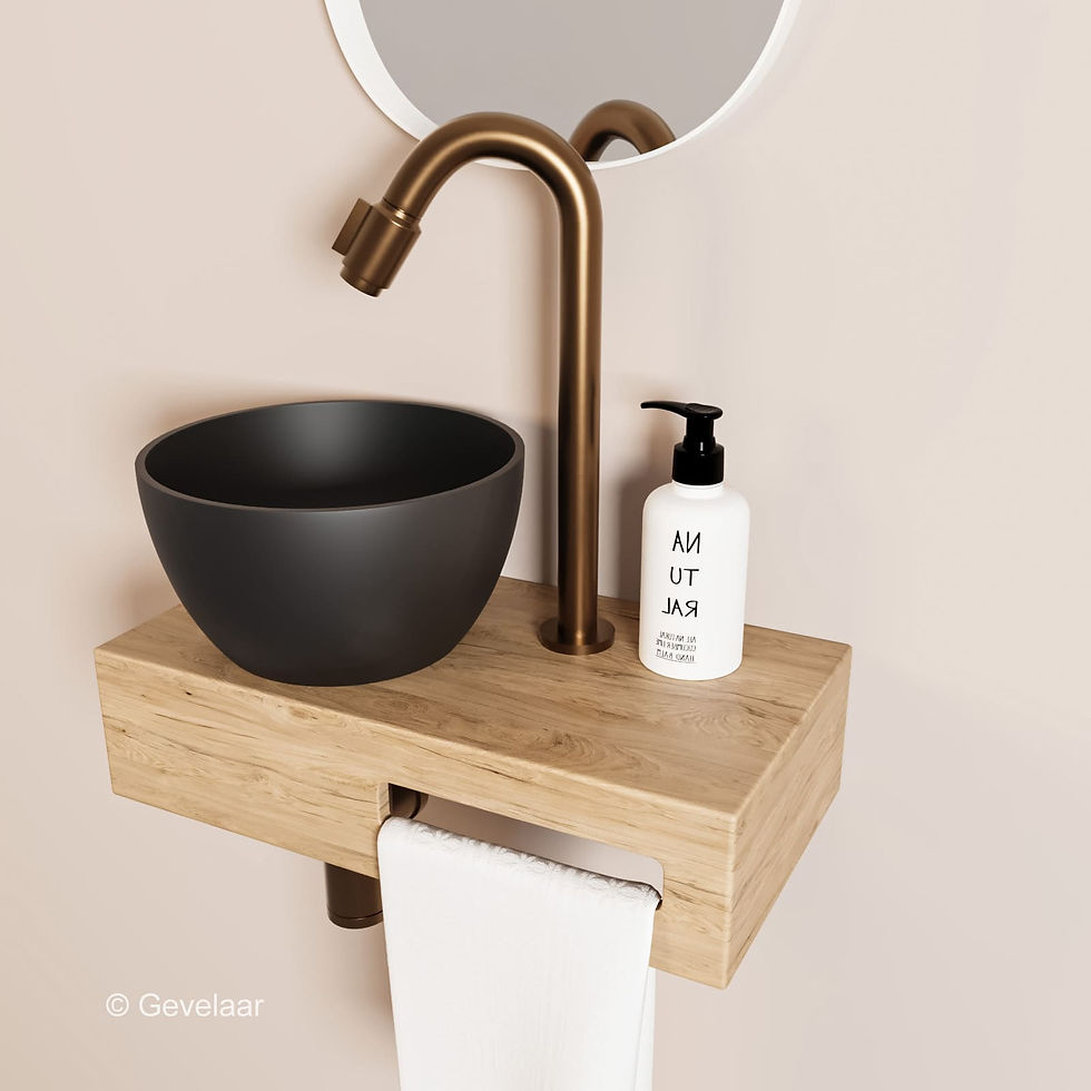 Arcqua Olivia fonteinset eikenhout waskom mat zwart links kraan bo brons koper