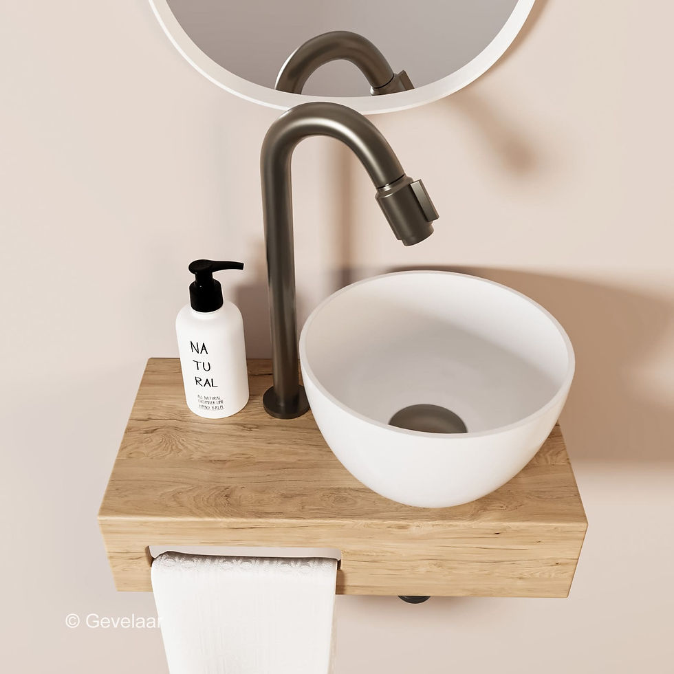 Thumbnail: Arcqua Olivia fonteinset eikenhout waskom glans wit rechts kraan bo gunmetal