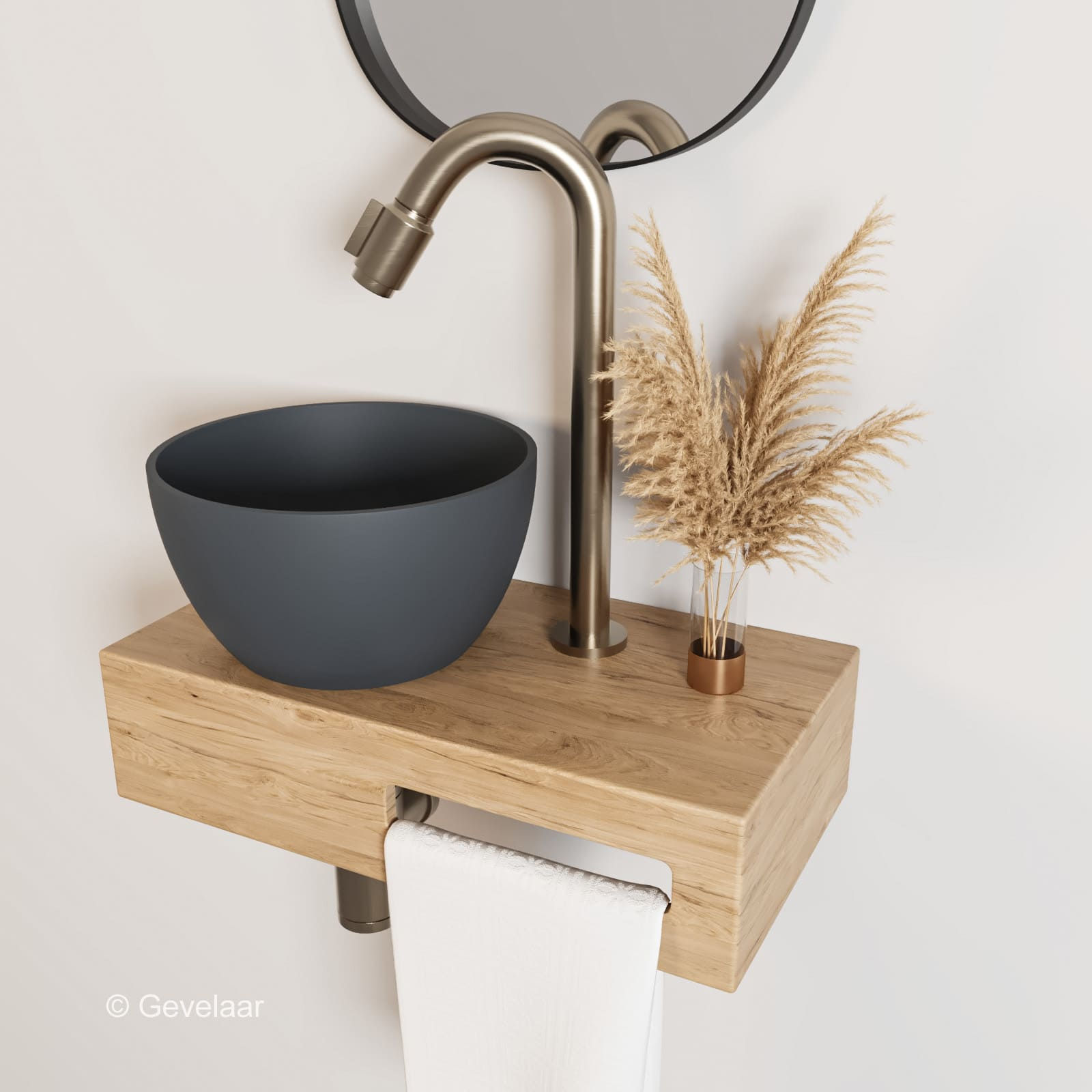 Arcqua Olivia fonteinset eikenhout waskom mat antraciet links kraan bo RVS