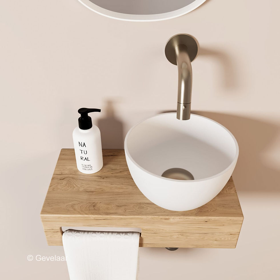 Arcqua Olivia fonteinset eikenhout waskom mat wit rechts inbouwkraan RVS