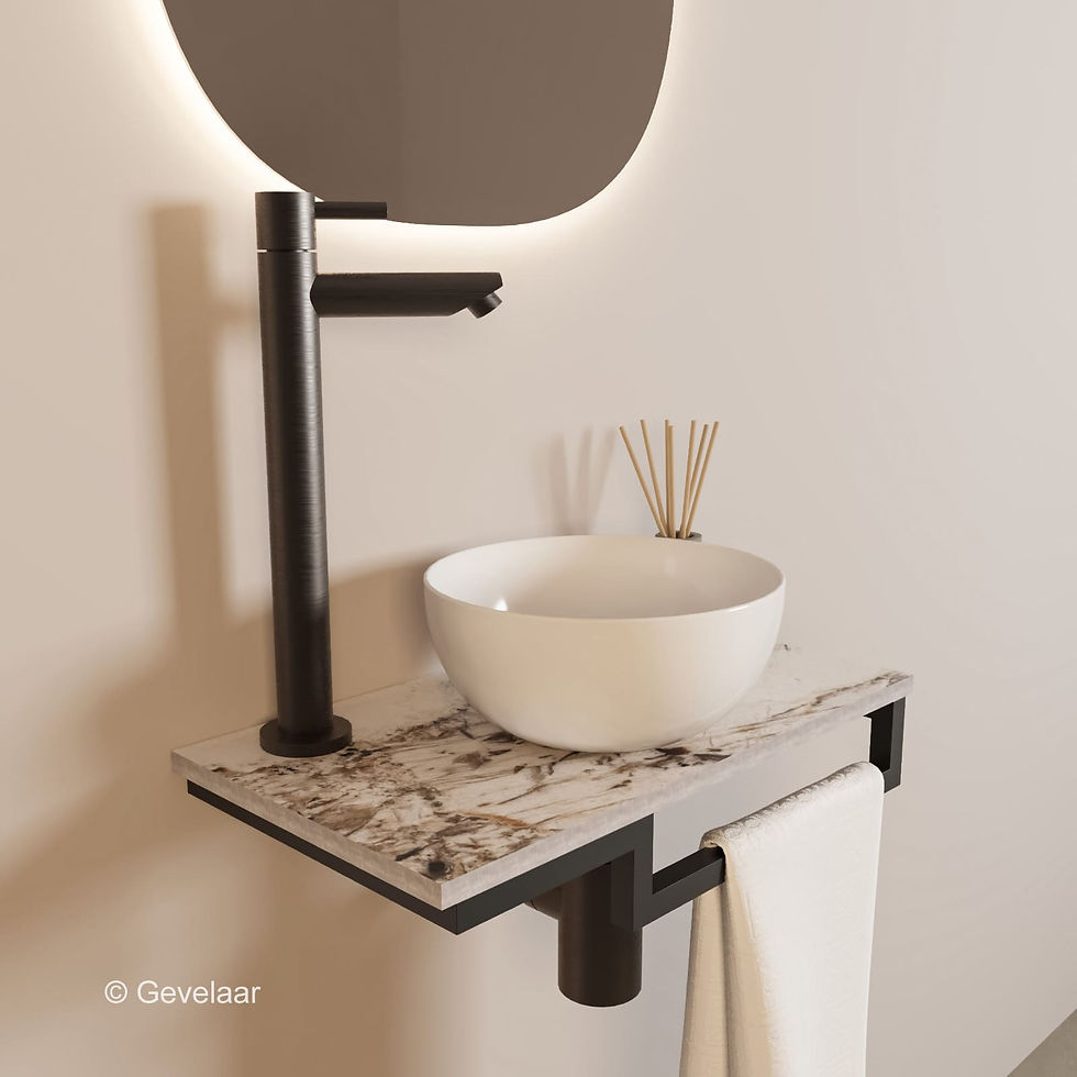 Thumbnail: Tanaro Marqstone fonteinset island glossy kraan gunmetal kom wit houder R