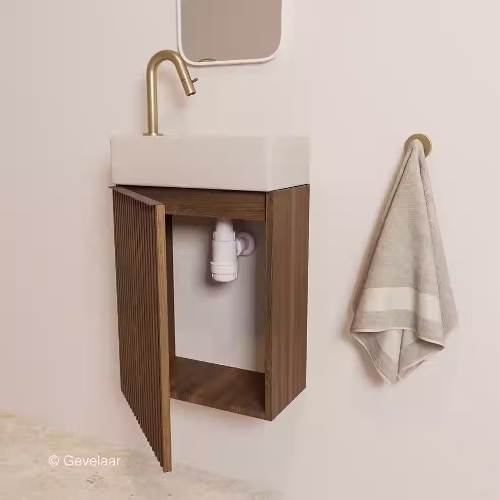 Thumbnail: Zaphir Freshdip fonteinset kast noten wasbak beige links kraan geb. goud