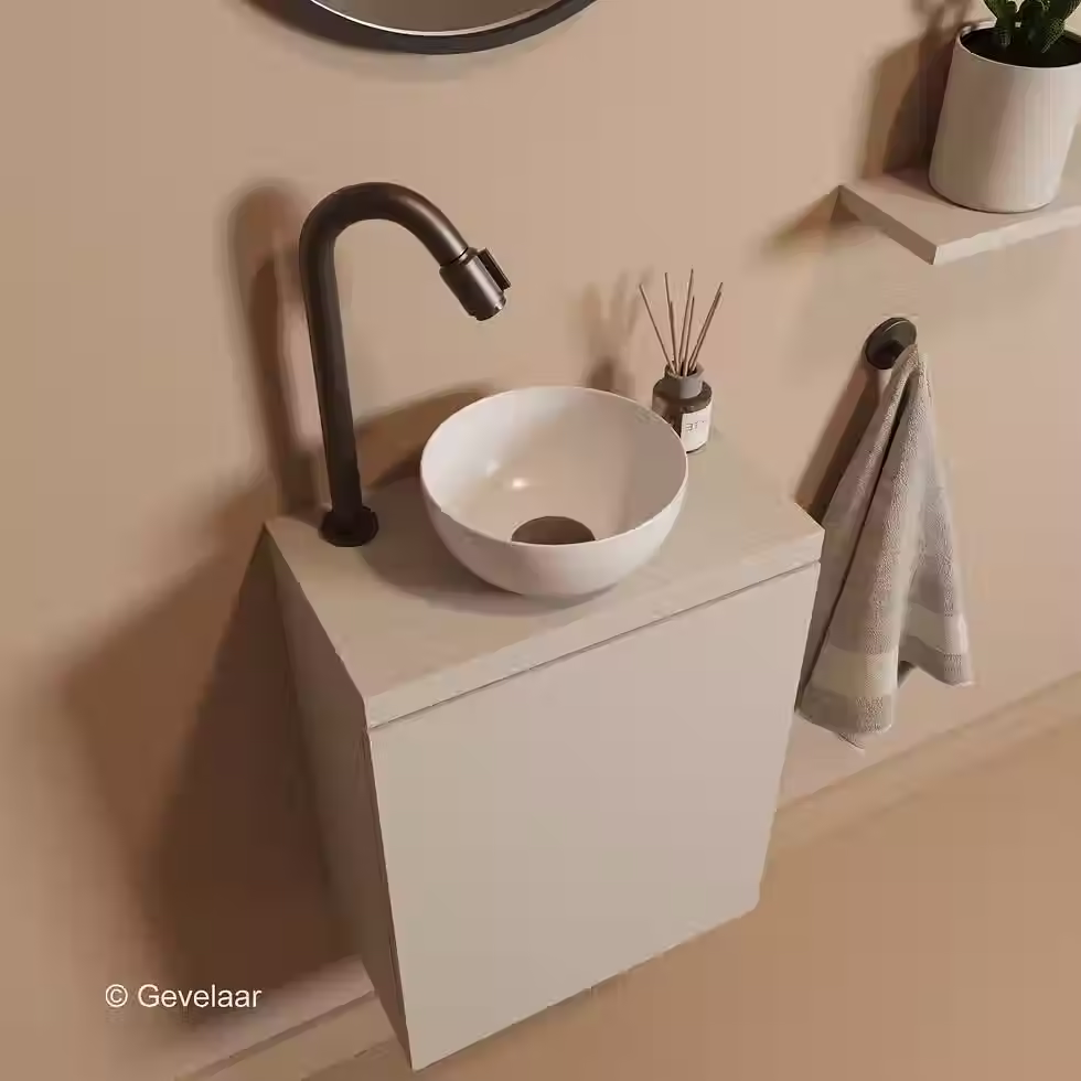 Thumbnail: Tanaro Freshnook Fonteinset beige kast keramiek waskom kraan gebogen gunmetal
