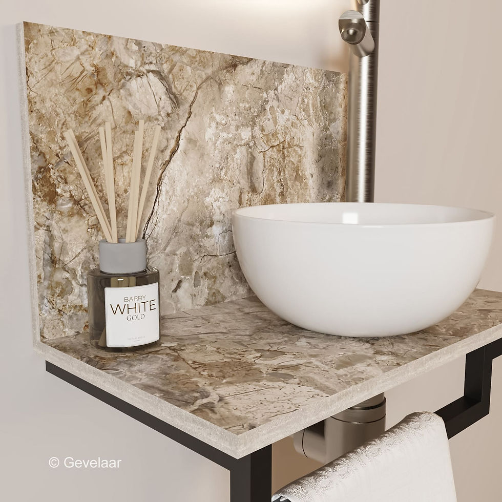 Thumbnail: Tanaro Marqstone fonteinset earth glossy wand kraan RVS kom wit houder L