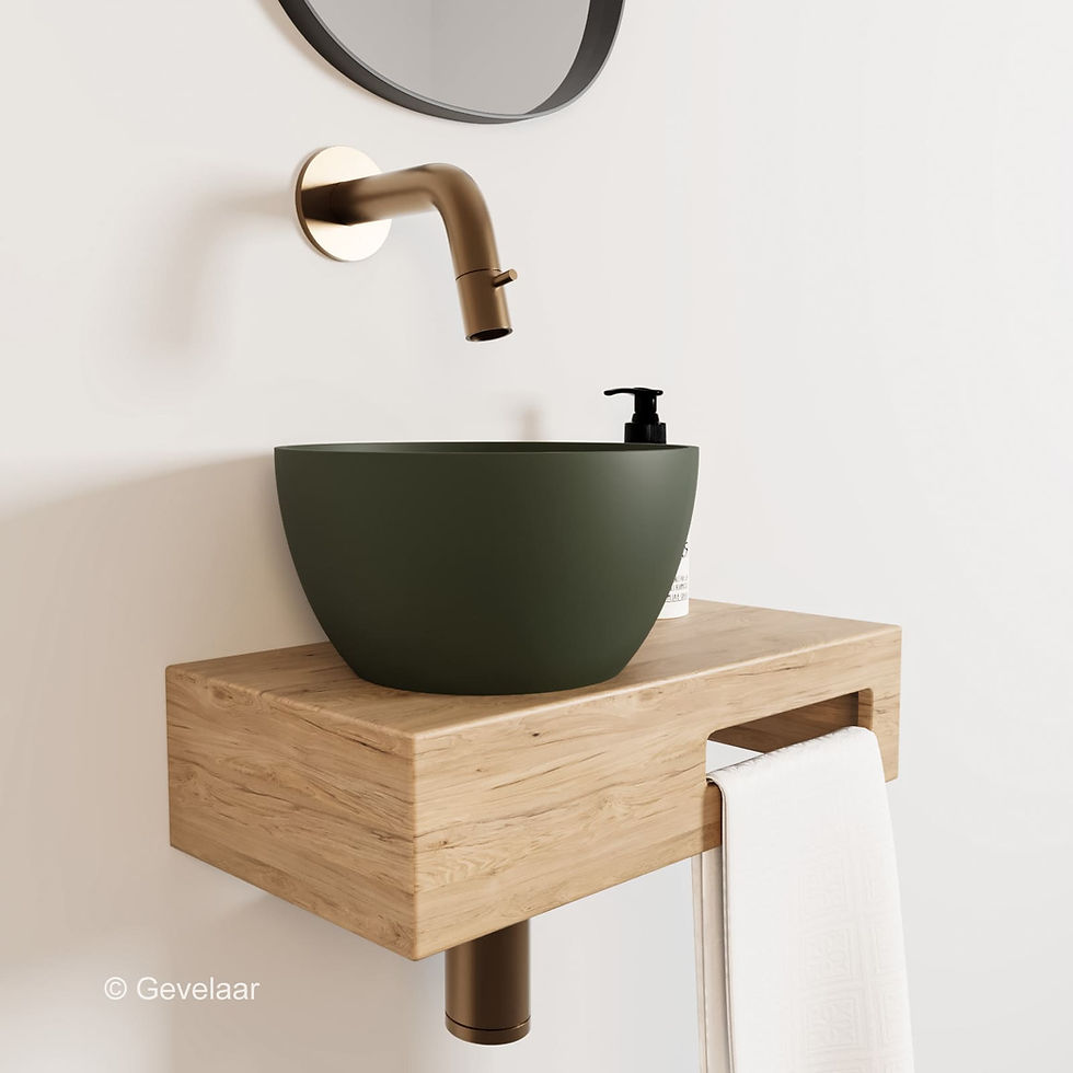 Thumbnail: Arcqua Olivia fonteinset eikenhout waskom mat groen links inb kraan brons koper