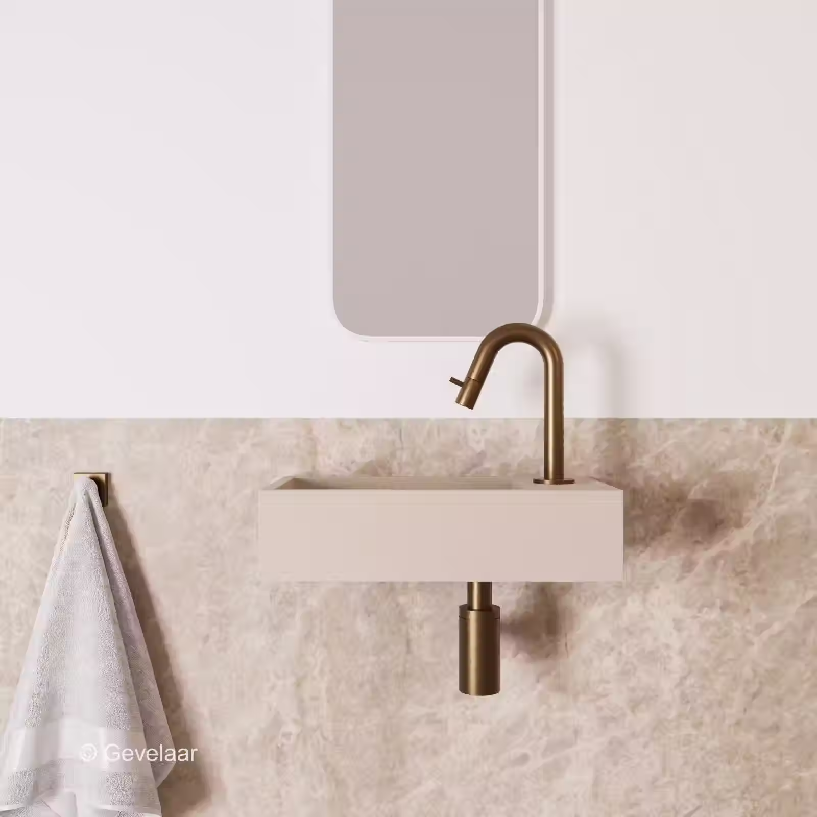 Zaphir Eva fonteinset wasbak beige rechts kraanset geborsteld brons