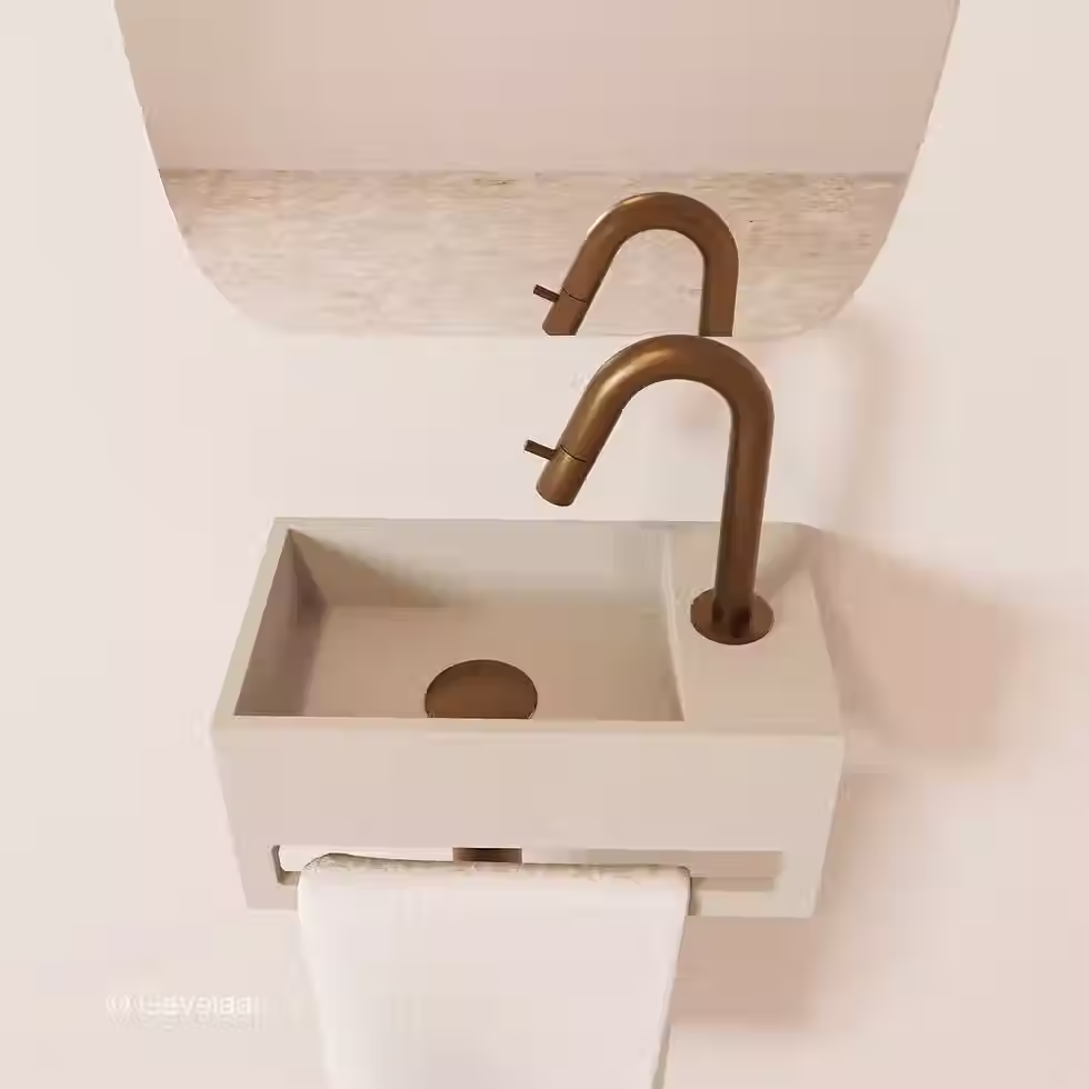 Thumbnail: Zaphir SoSu fonteinset solid surface wasbak beige rechts kraan geborsteld brons