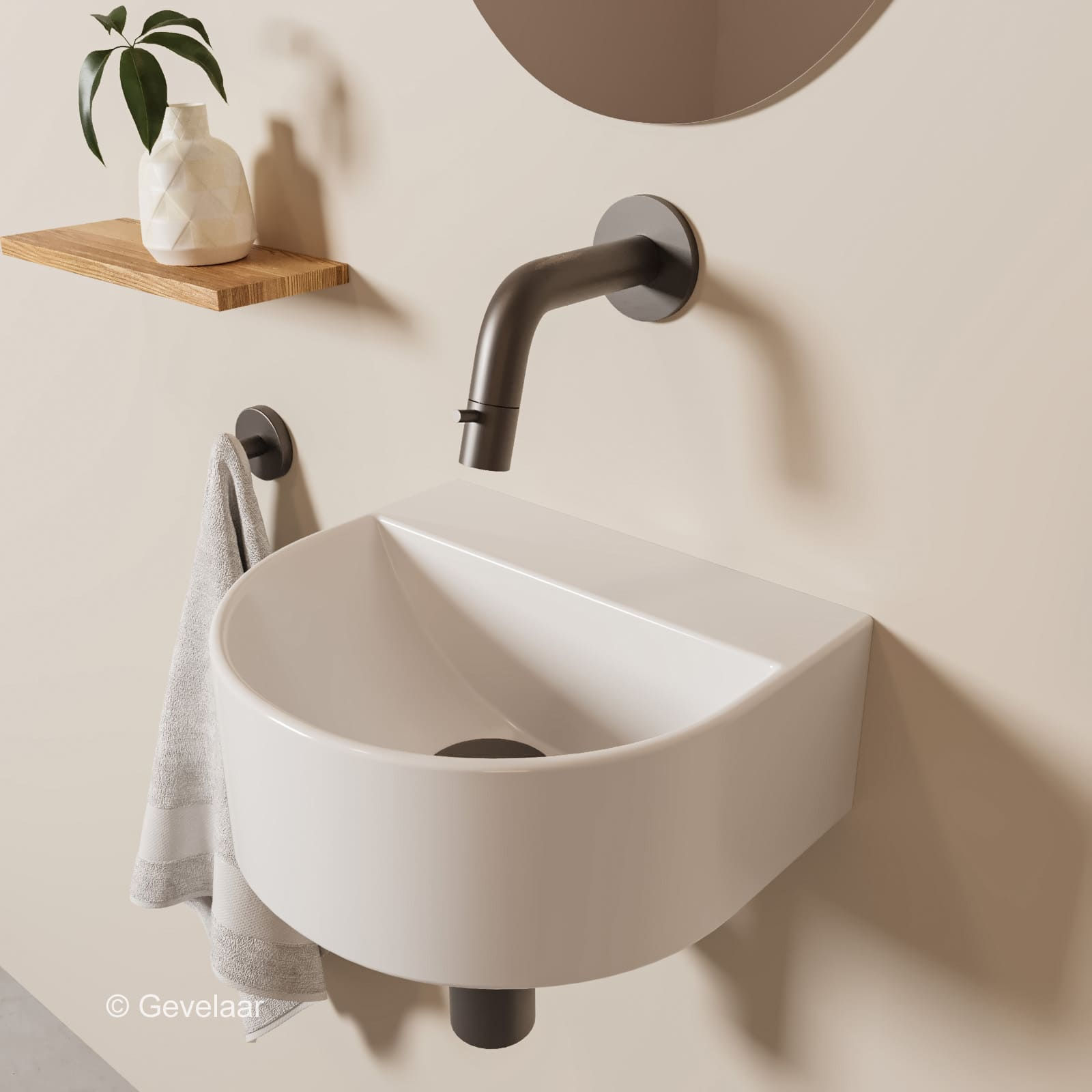 Tanaro Mezzaluna fonteinset halfrond wasbak glans wit inbouw kraan gunmetal