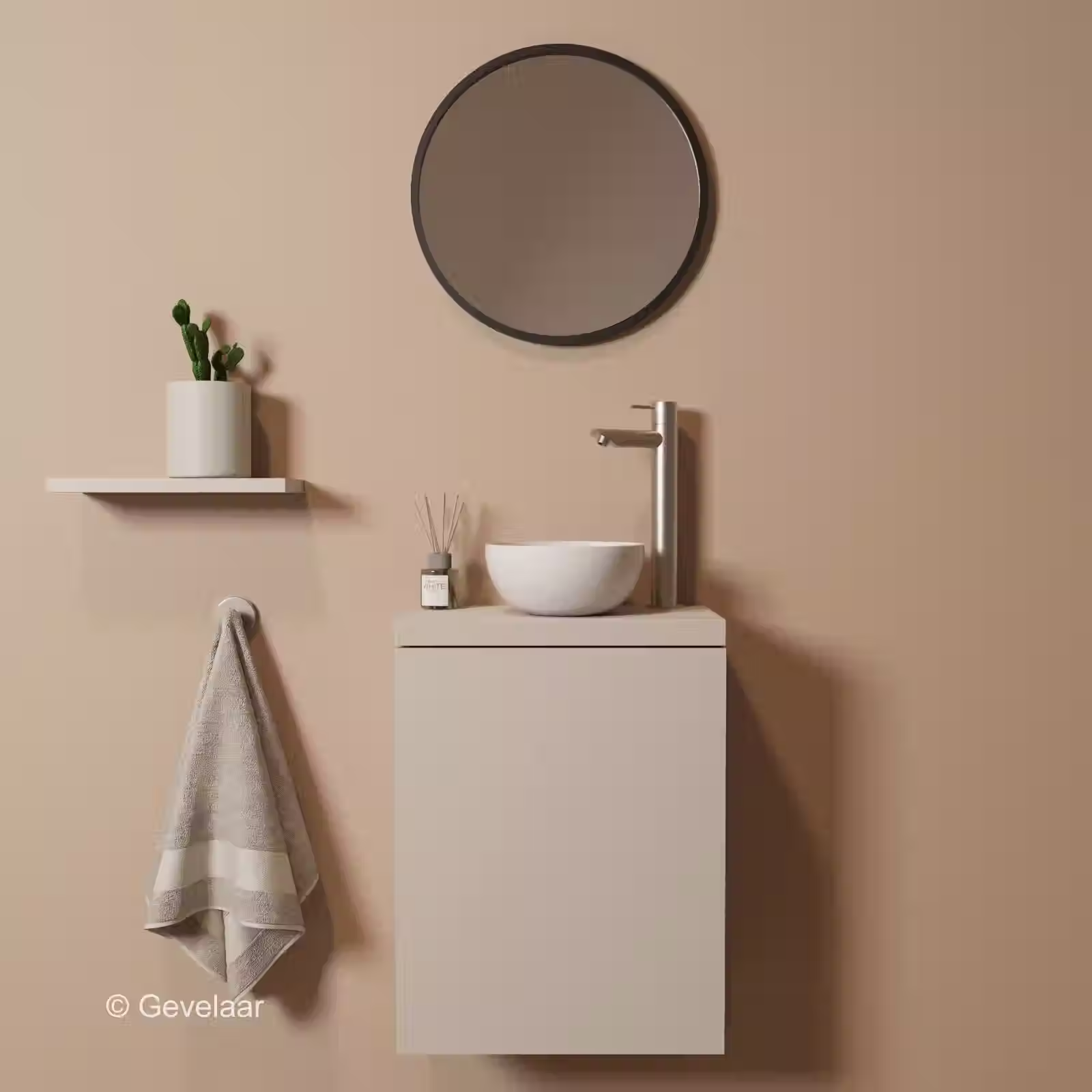 Tanaro Freshnook Fonteinset beige kast keramiek waskom kraan recht rvs