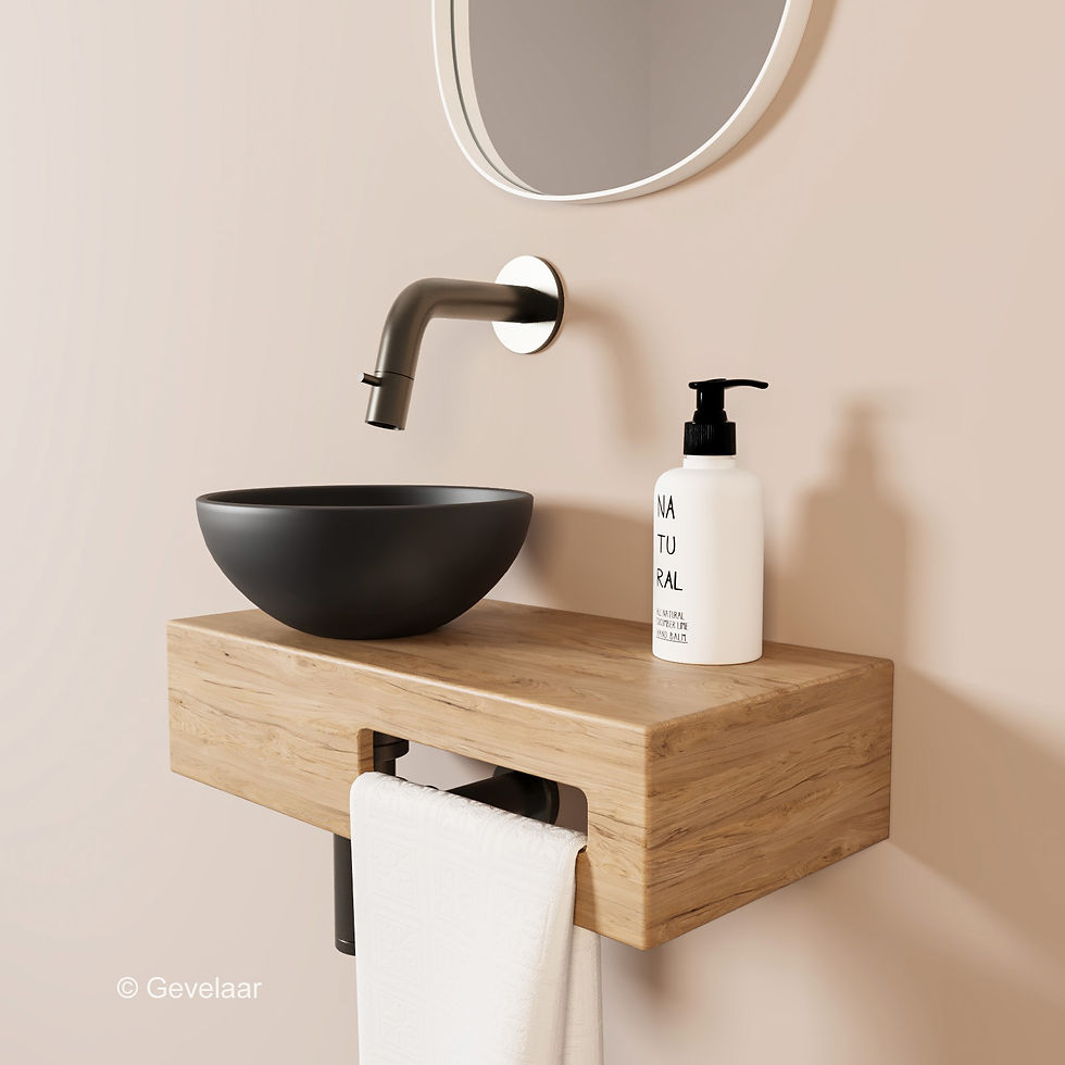 Thumbnail: Tanaro Oasis fonteinset eiken met waskom mat zwart inbouwkraan gunmetal - links