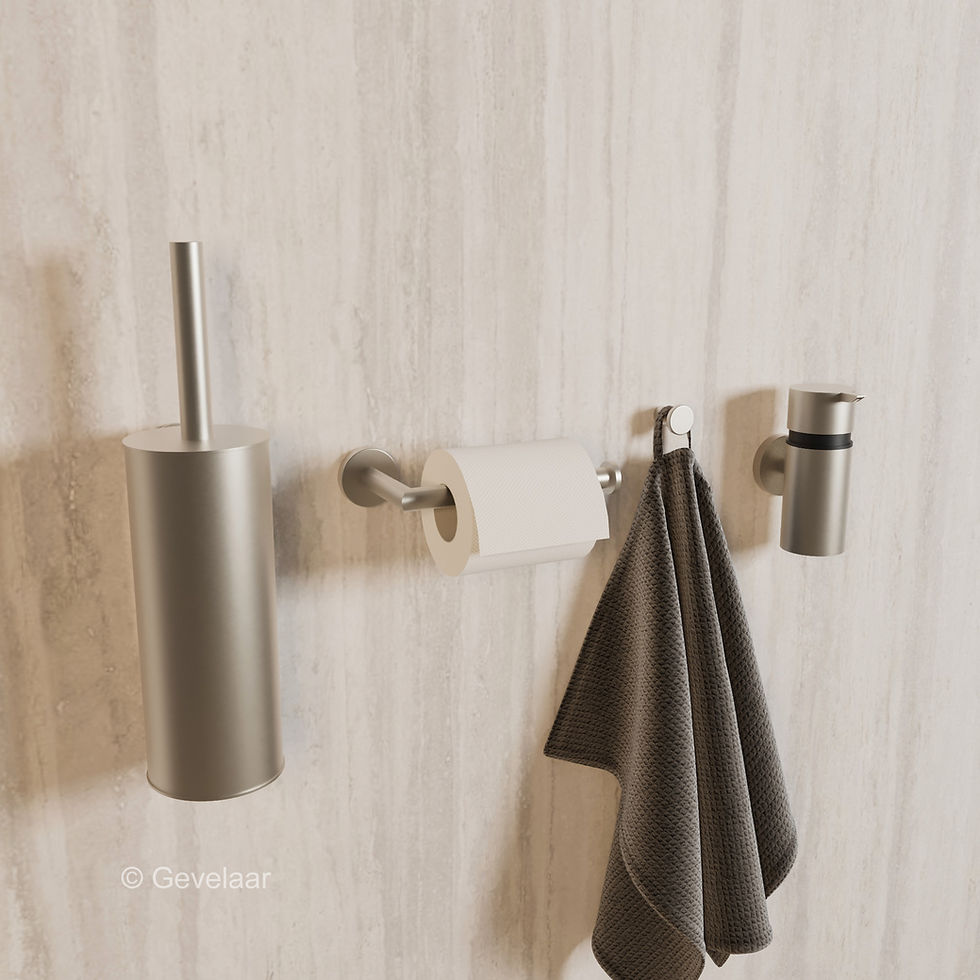 Thumbnail: accessoires set RVS met een toiletborstel, toiletrolhouder met vaste arm, handdoekhaak en zeepdispenser