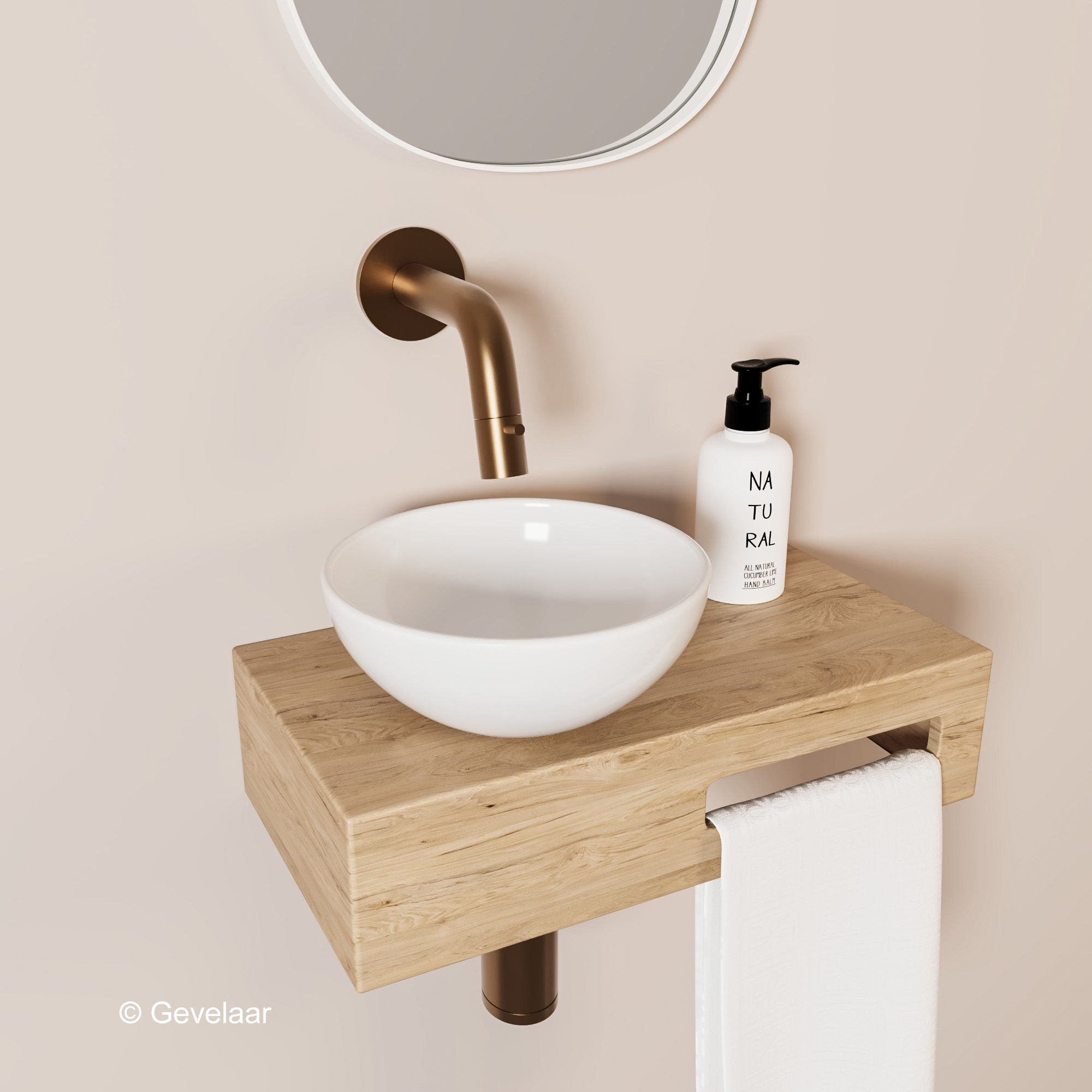 Tanaro Oasis fonteinset eiken met waskom wit - inbouwkraan brons koper - links