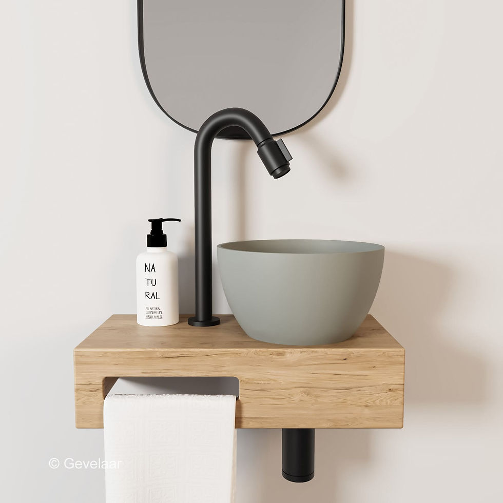 Arcqua Olivia fonteinset eikenhout waskom mat klei rechts kraan bo mat zwart