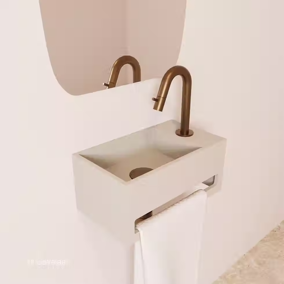 Thumbnail: Zaphir SoSu fonteinset solid surface wasbak beige rechts kraan geborsteld brons