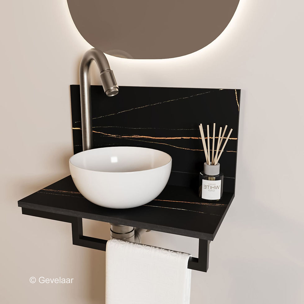Thumbnail: Tanaro Marqstone fonteinset marmer zwart wand kraan bo RVS kom 20cm wit houder R
