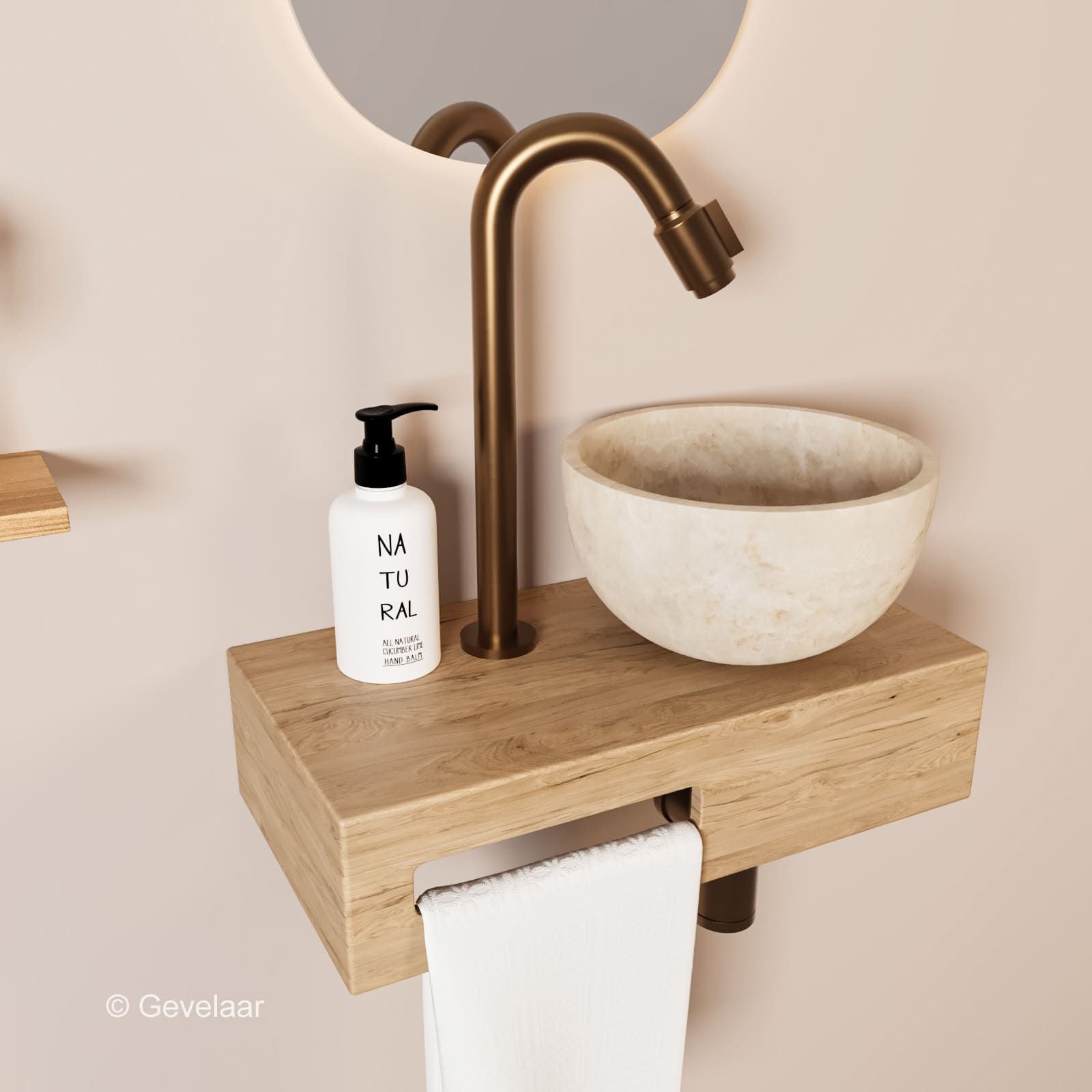 Tanaro Arche fonteinset in eikenhout met marmer beige waskom rechts en gebogen brons koper fonteinkraan