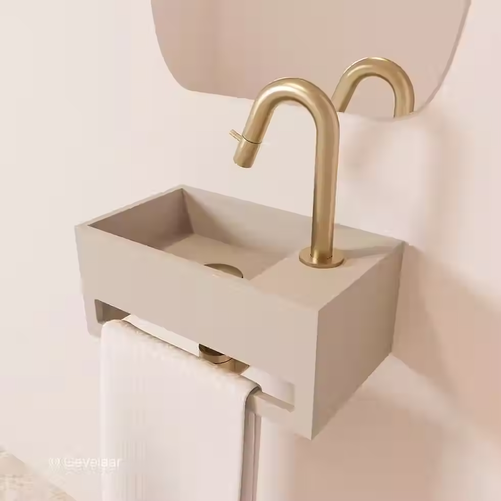 Zaphir SoSu fonteinset solid surface wasbak beige rechts kraanset geb. goud