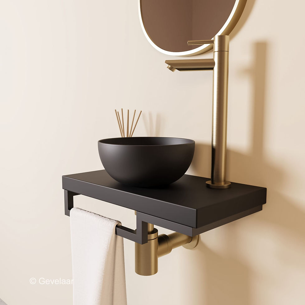 Thumbnail: Proline TOP mat zwart fonteinset kraan R geb goud kom 20cm mat zwart houder L
