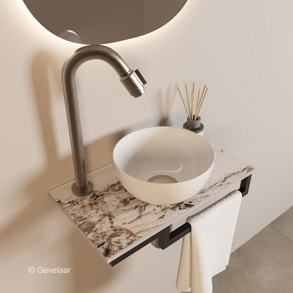 Thumbnail: Tanaro Marqstone fonteinset island glossy kraan bo RVS kom wit houder R