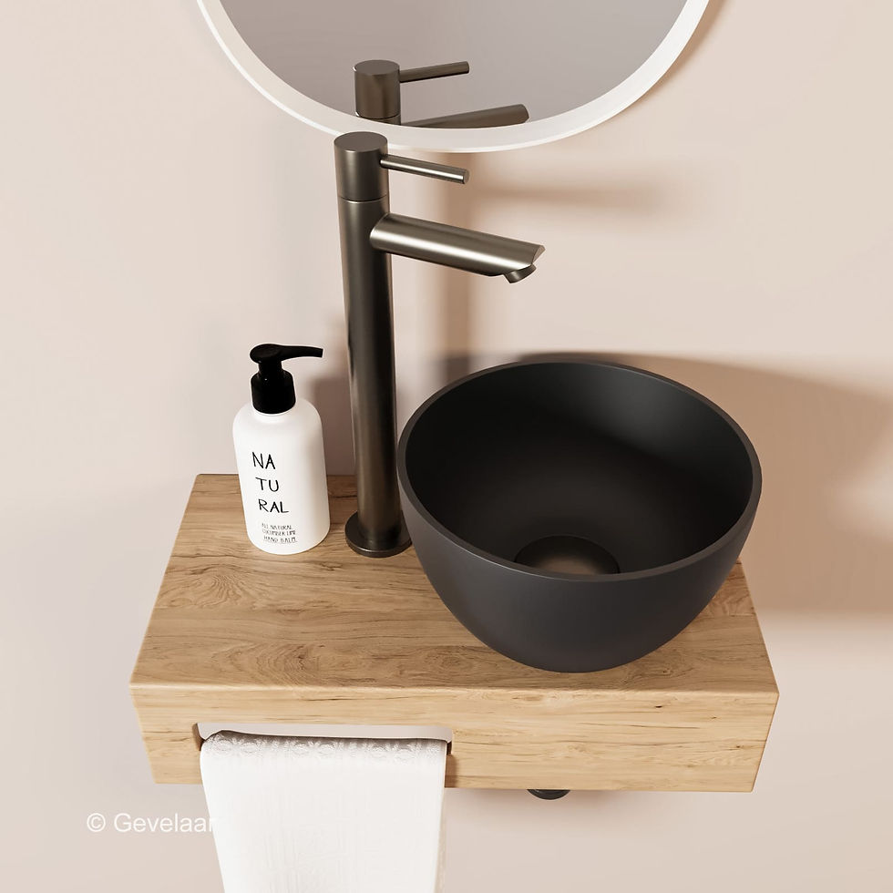 Thumbnail: Arcqua Olivia fonteinset eikenhout waskom mat zwart rechts rechte kraan gunmetal