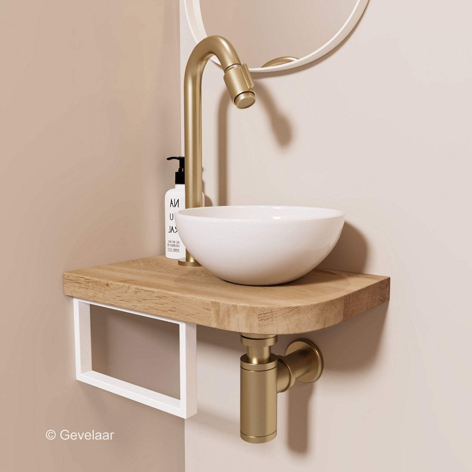 Tanaro Lille fonteinset eiken kom frame wit - gebogen kraan geb. goud