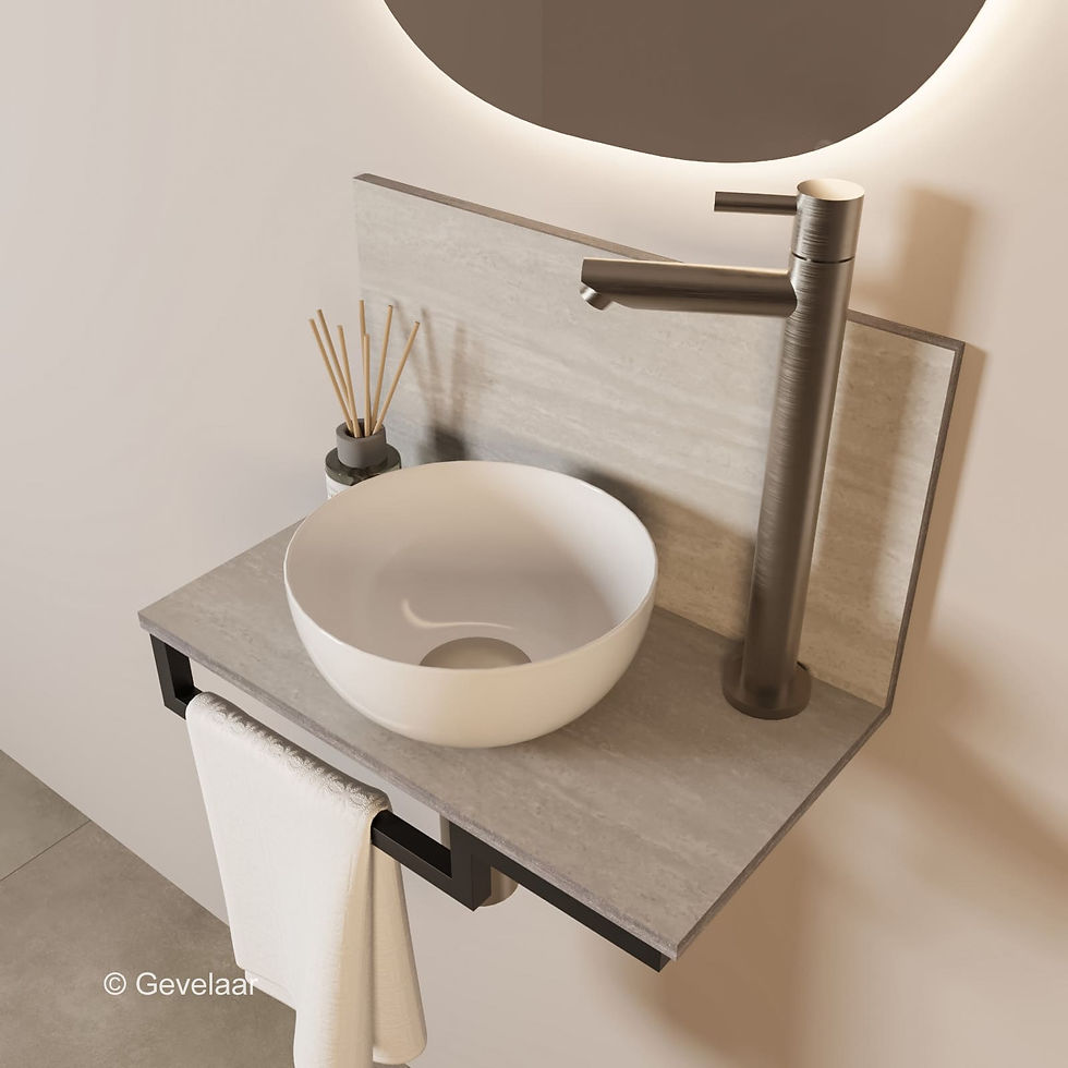 Thumbnail: Tanaro Marqstone fonteinset travertin mat wand kraan RVS kom wit houder L