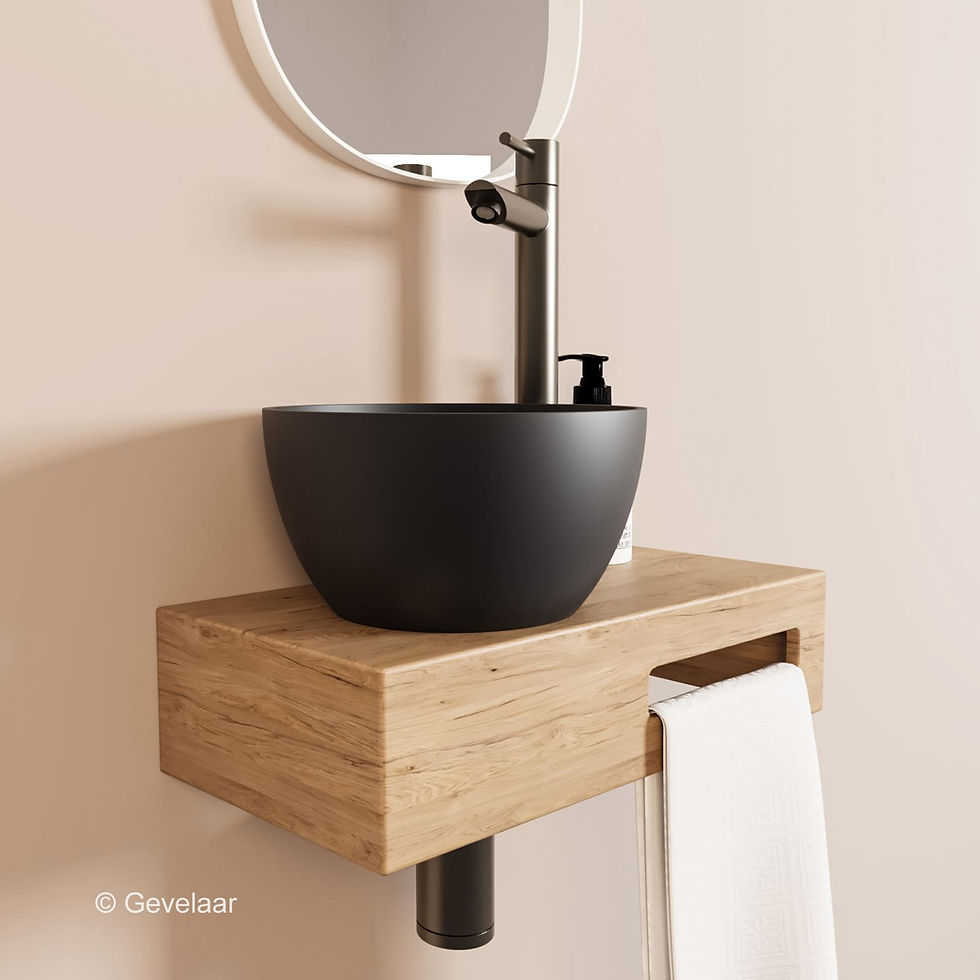 Thumbnail: Arcqua Olivia fonteinset eikenhout waskom mat zwart links rechte kraan gunmetal