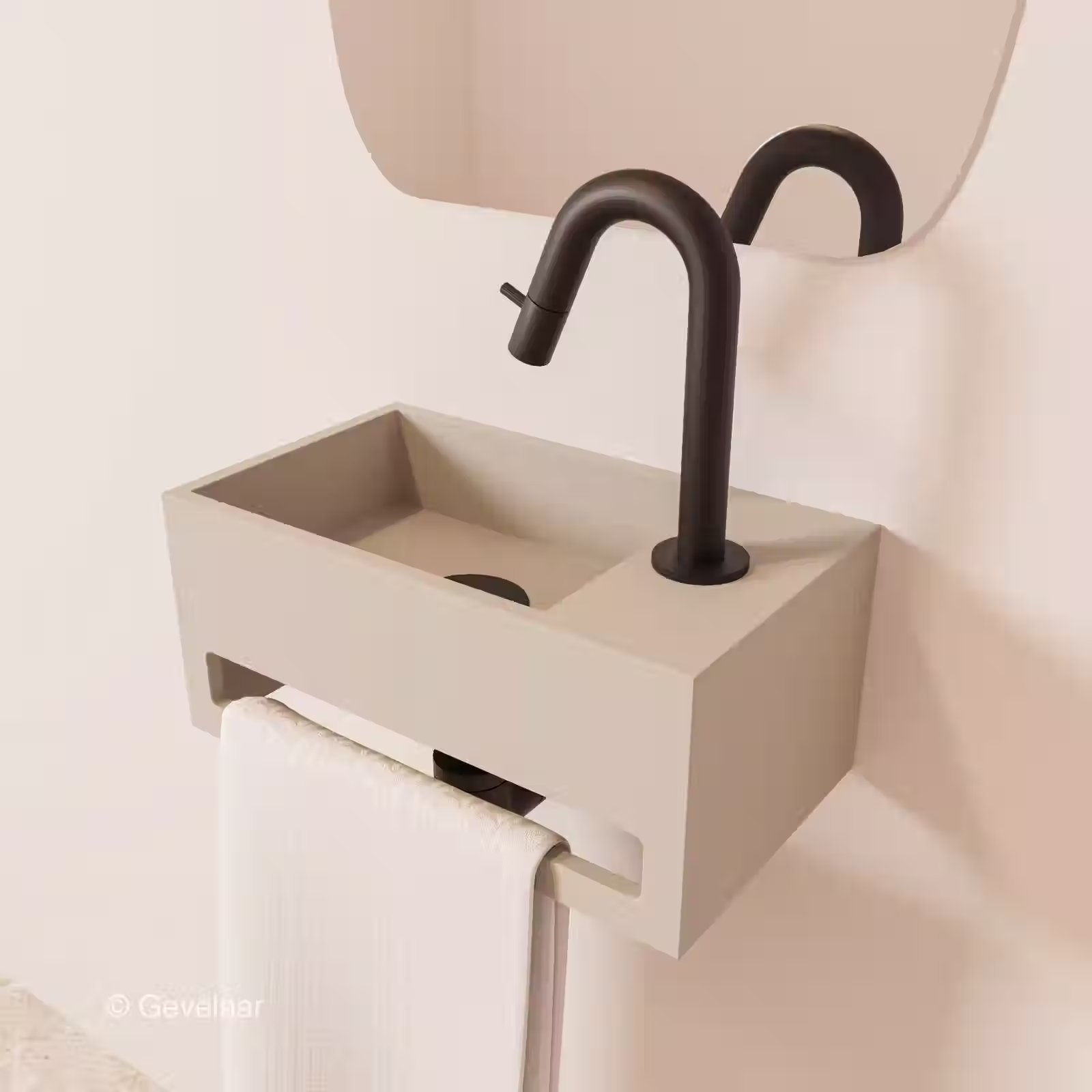 Zaphir SoSu fonteinset solid surface wasbak beige rechts kraanset mat zwart
