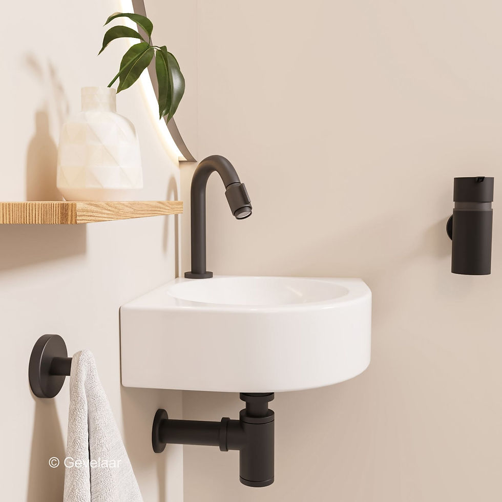 Thumbnail: Fonteinset in toiletruimte met fonteinmeubel, waskom, fonteinkraan en afvoerplug.