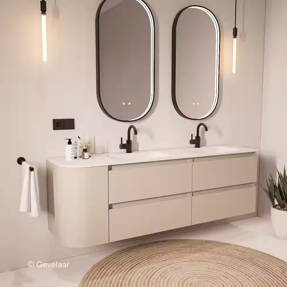 Thumbnail: Tanaro SoXeL badmeubel Cappu afgeronde hoek wastafel dubbel mat wit 170cm