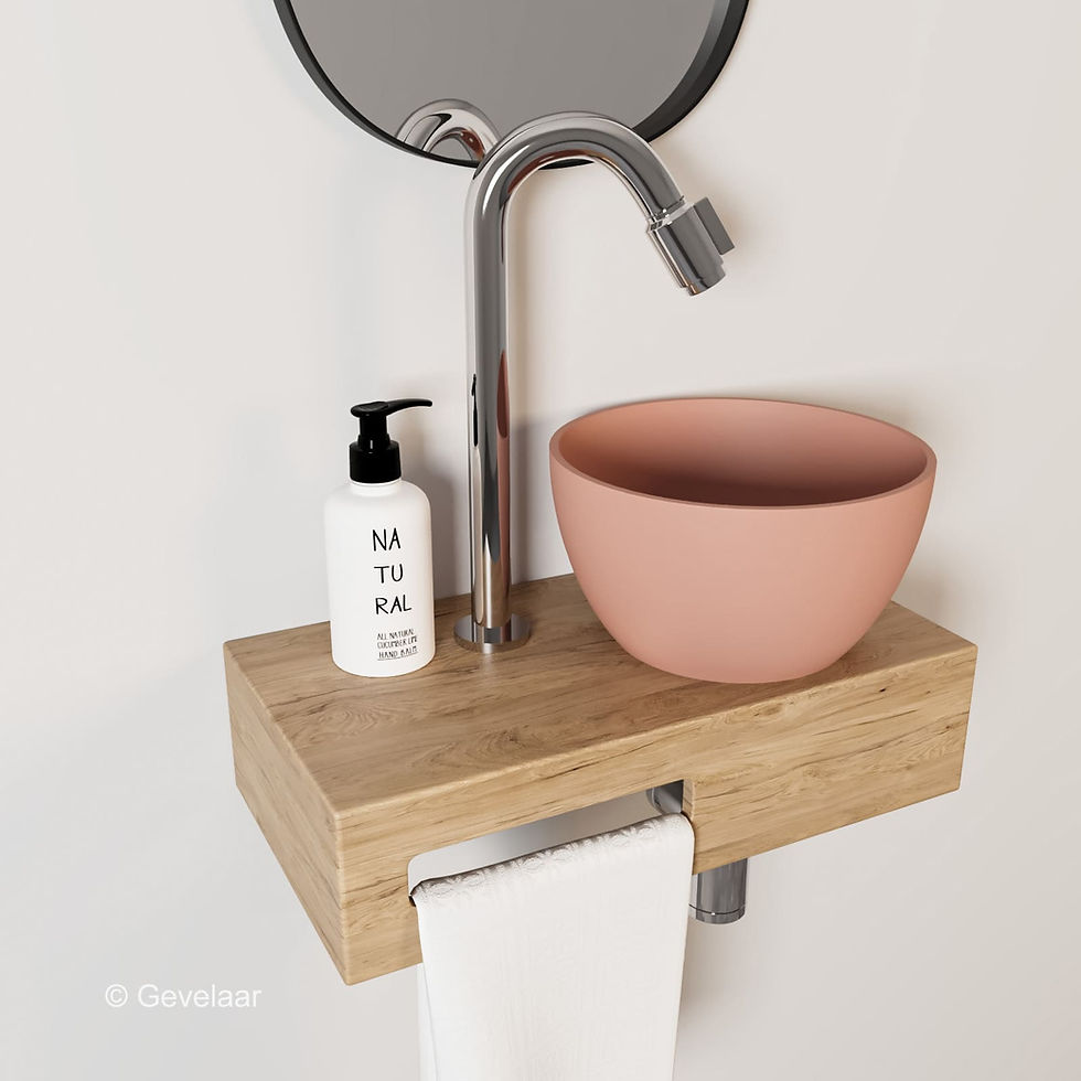 Arcqua Olivia fonteinset eikenhout waskom mat roze rechts kraan bo chroom