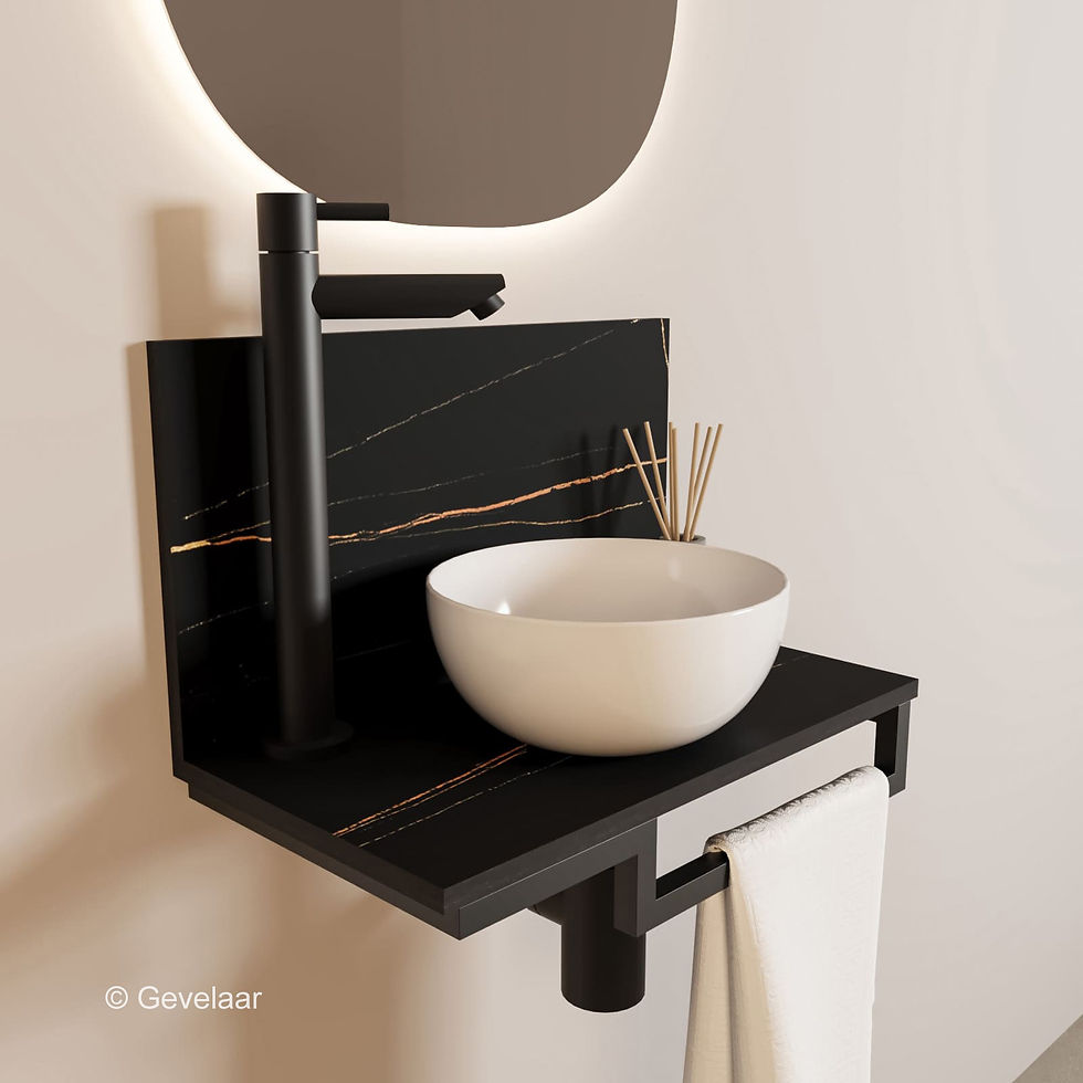 Thumbnail: Tanaro Marqstone fonteinset zwart wand kraan mat zwart kom 20cm wit houder R
