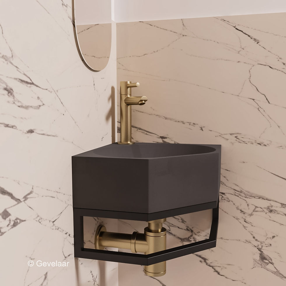 Thumbnail: INK Matrix fonteinset wasbak quartz beton frame zwart kraan recht geb. goud