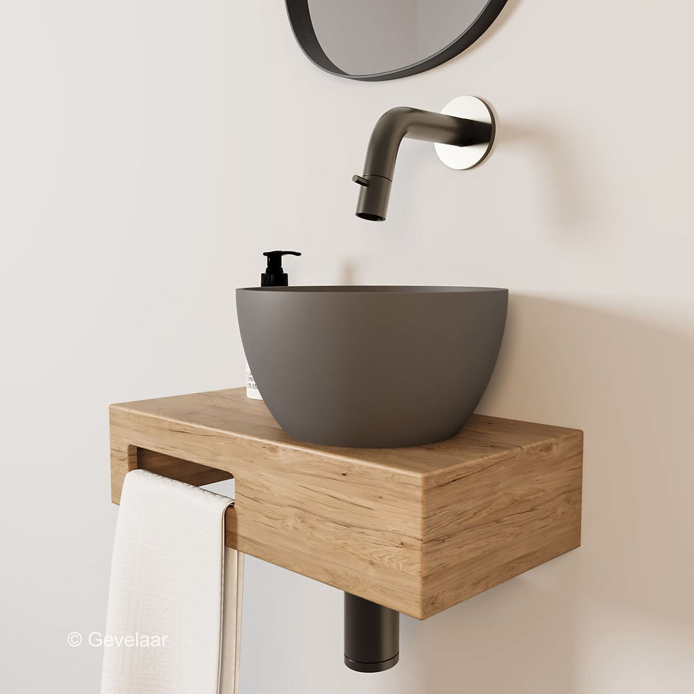 Thumbnail: Arcqua Olivia fonteinset eikenhout waskom mat quartz grijs rechts kraan gunmetal