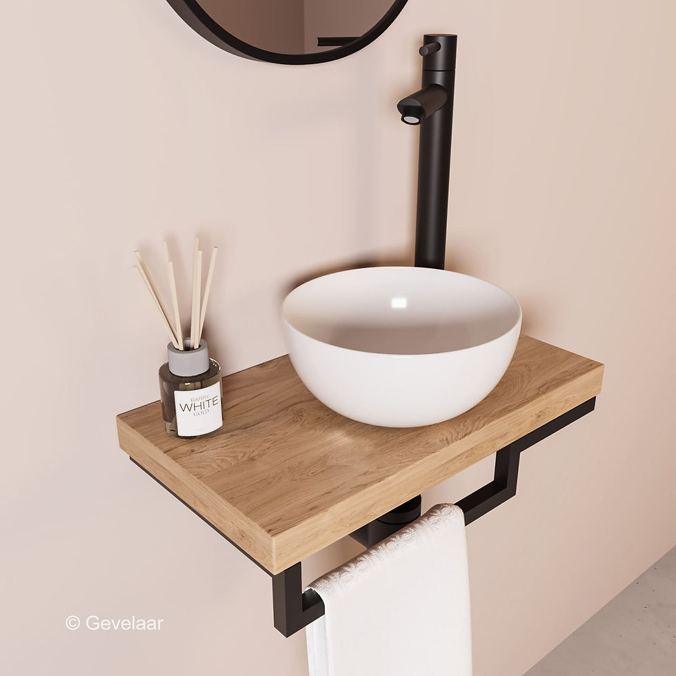 Thumbnail: Proline TOP Ideal Oak fonteinset kraan recht zwart kom 20cm glans wit houder L