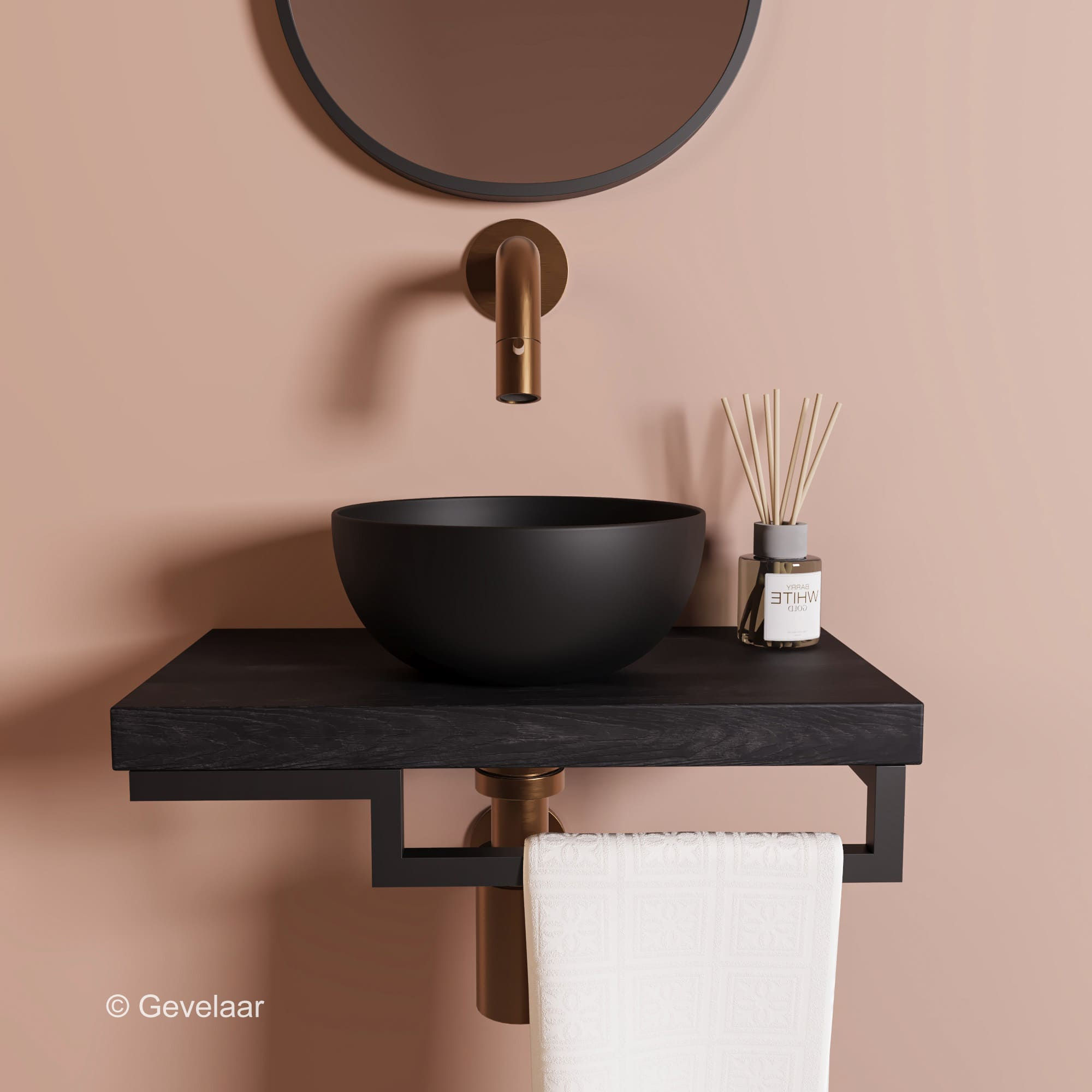 Proline TOP Black oak fonteinset inb kraan koper kom 20cm mat zwart houder R