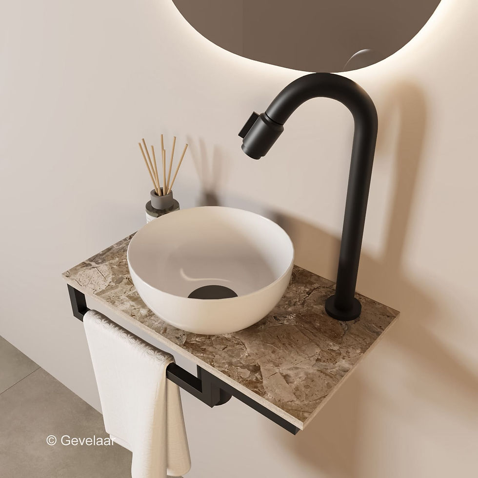 Thumbnail: Tanaro Marqstone fonteinset earth glossy kraan bo mat zwart kom wit houder L