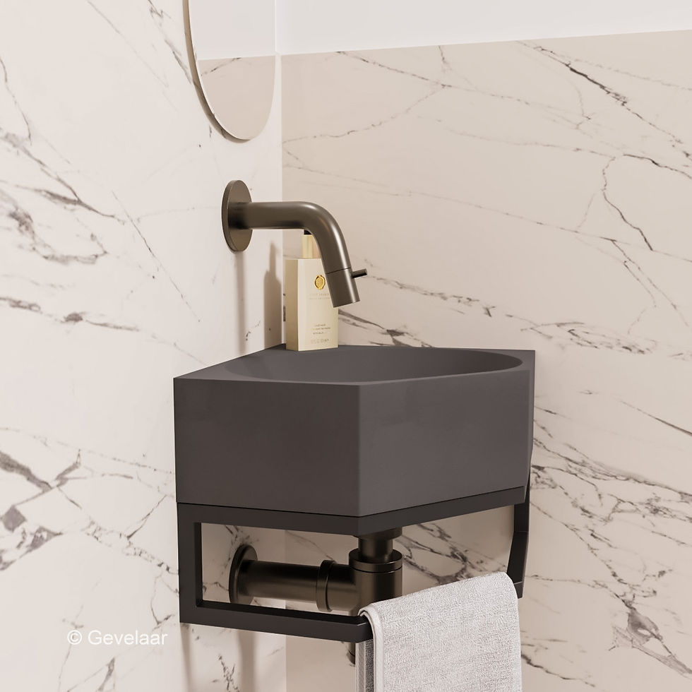 Thumbnail: INK Matrix fonteinset wasbak quartz beton frame zwart - inbouw kraan gunmetal
