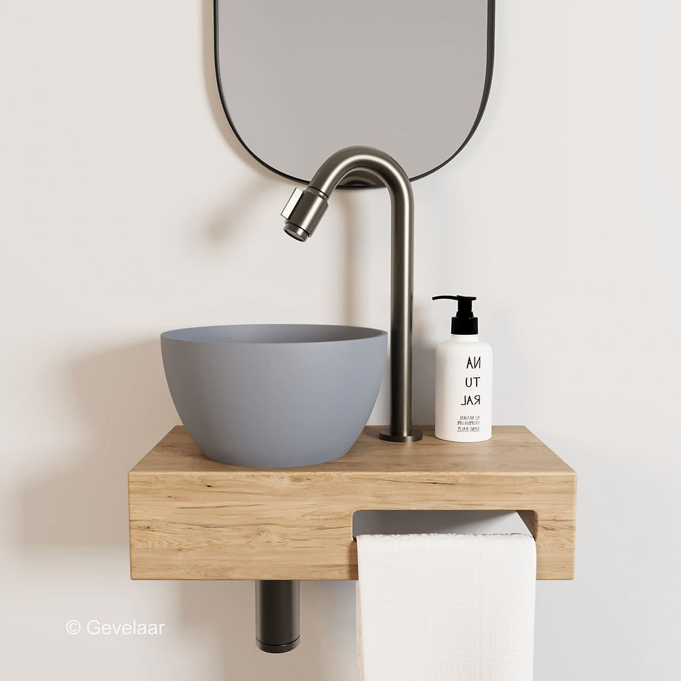 Arcqua Olivia fonteinset eikenhout waskom mat beton links kraan bo gunmetal